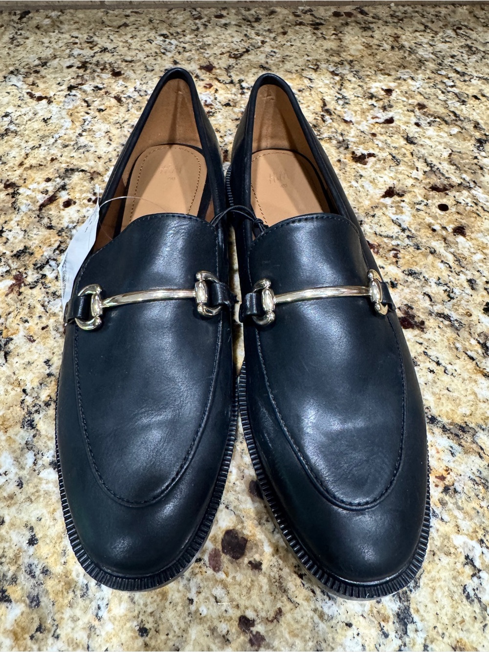 H & M Shoes Black Loafers Silver Horsebit Slip Ons Low 1" Heels Sz 40 US 9 - Picture 1 of 8